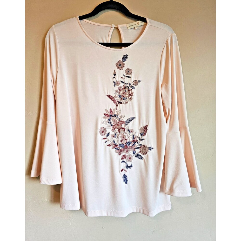 Penelope Rose Shirt Womens small embroidered Bell Sleeves, whimsy